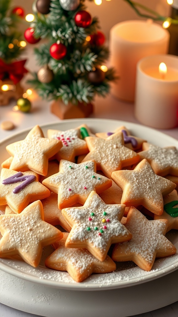 A plate of almond Christmas cookies decorated with icing and powdered sugar, surrounded by holiday decorations.